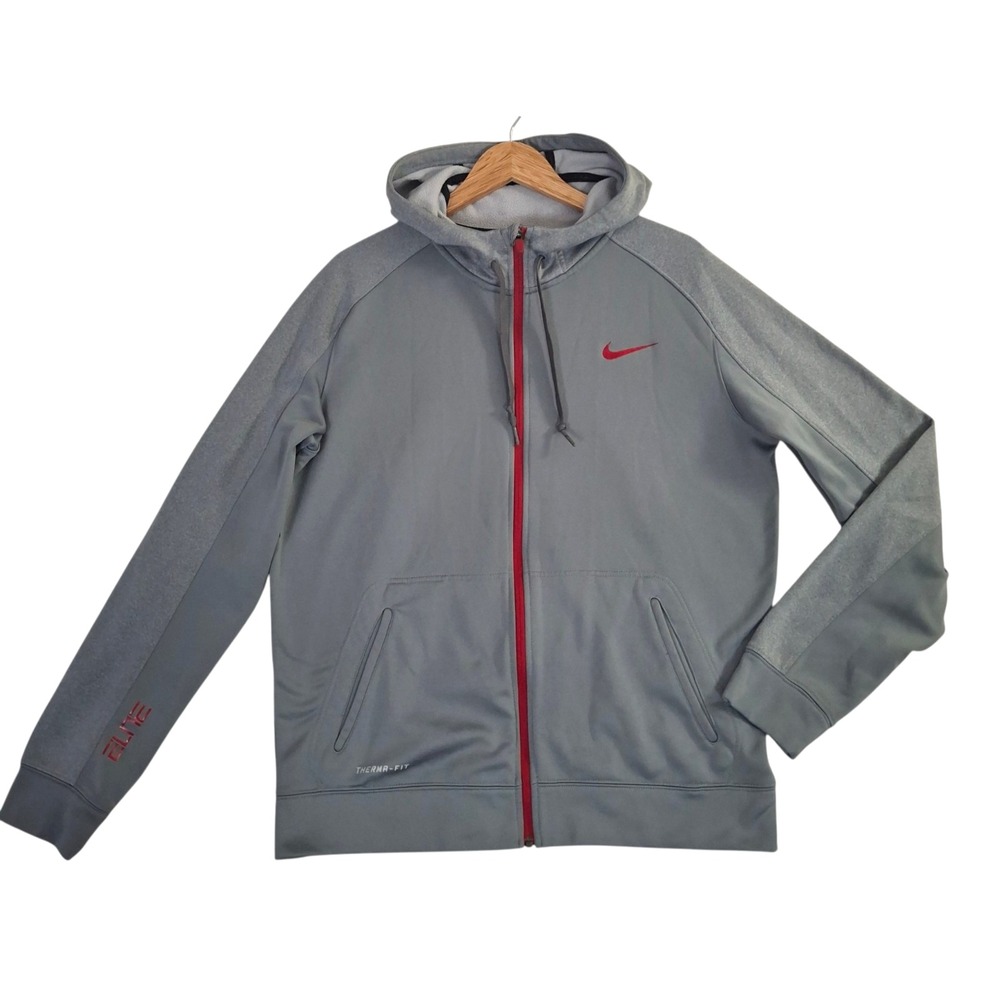 Nike Therma-FIT Elite Full Zip Hoodie Mens Large Basketball Grey Red Jacket